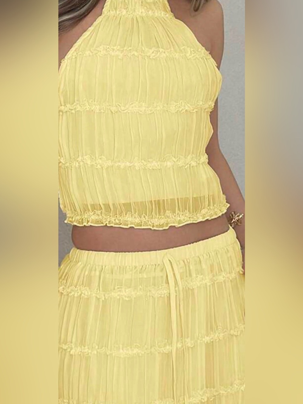 Sunshine Yellow Pleated Two-Piece Skirt Set